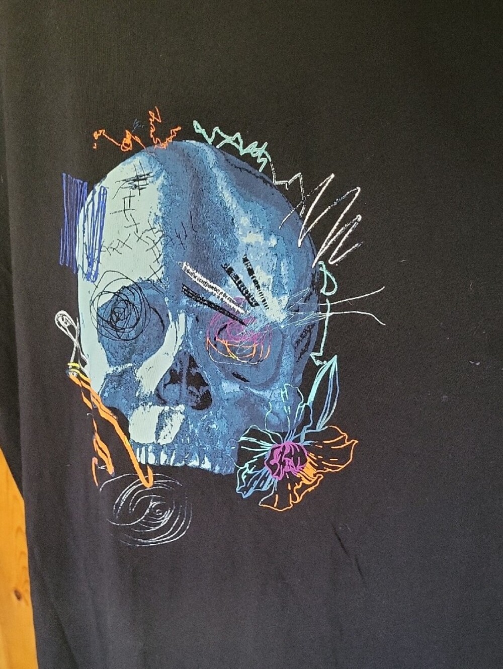Robert Graham Black Short Sleeve Tee with Blue Skull and Neon Accents - Picture 2 of 5